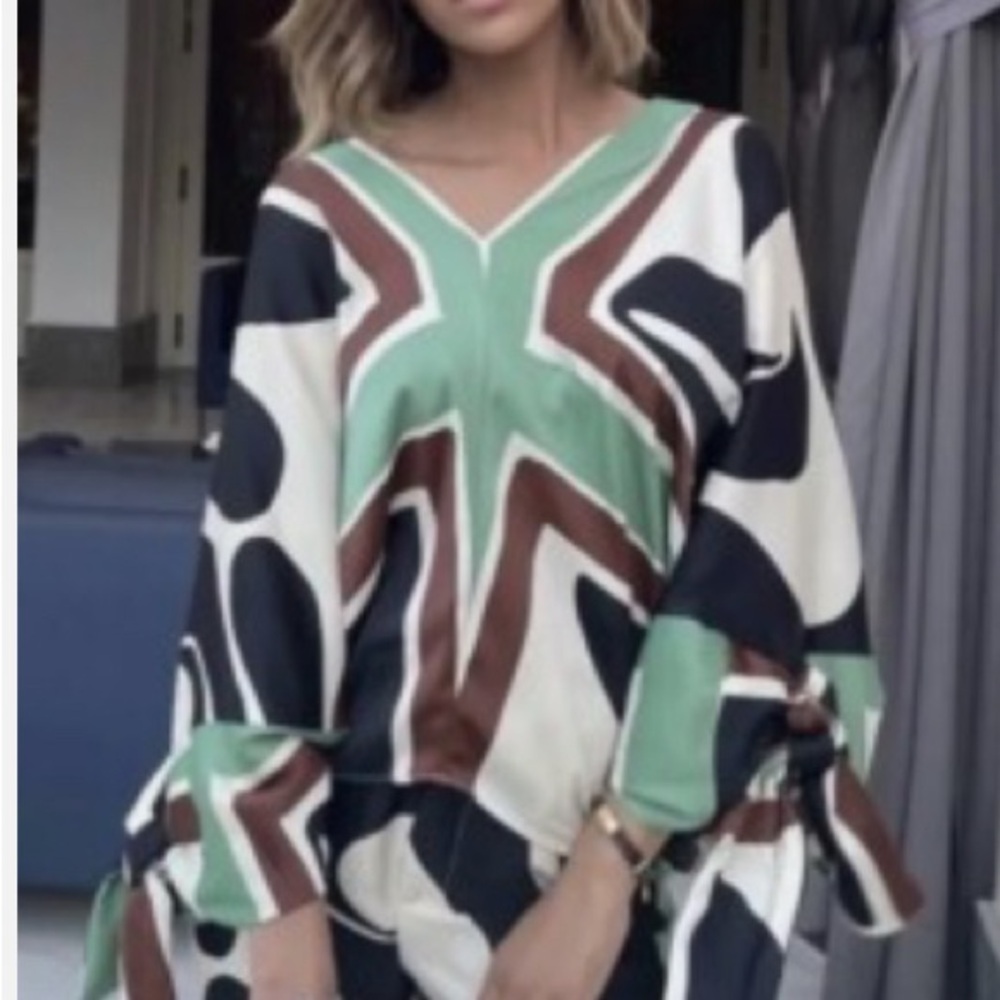 Zara Green and Brown Patterned Blouse
